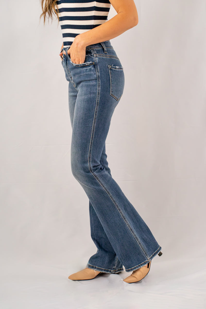 High Rise Bootcut Frayed Jeans, Dark