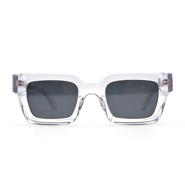 Front view of rectangular sunglasses with transparent frames and dark lenses, showcasing a stylish and modern design.