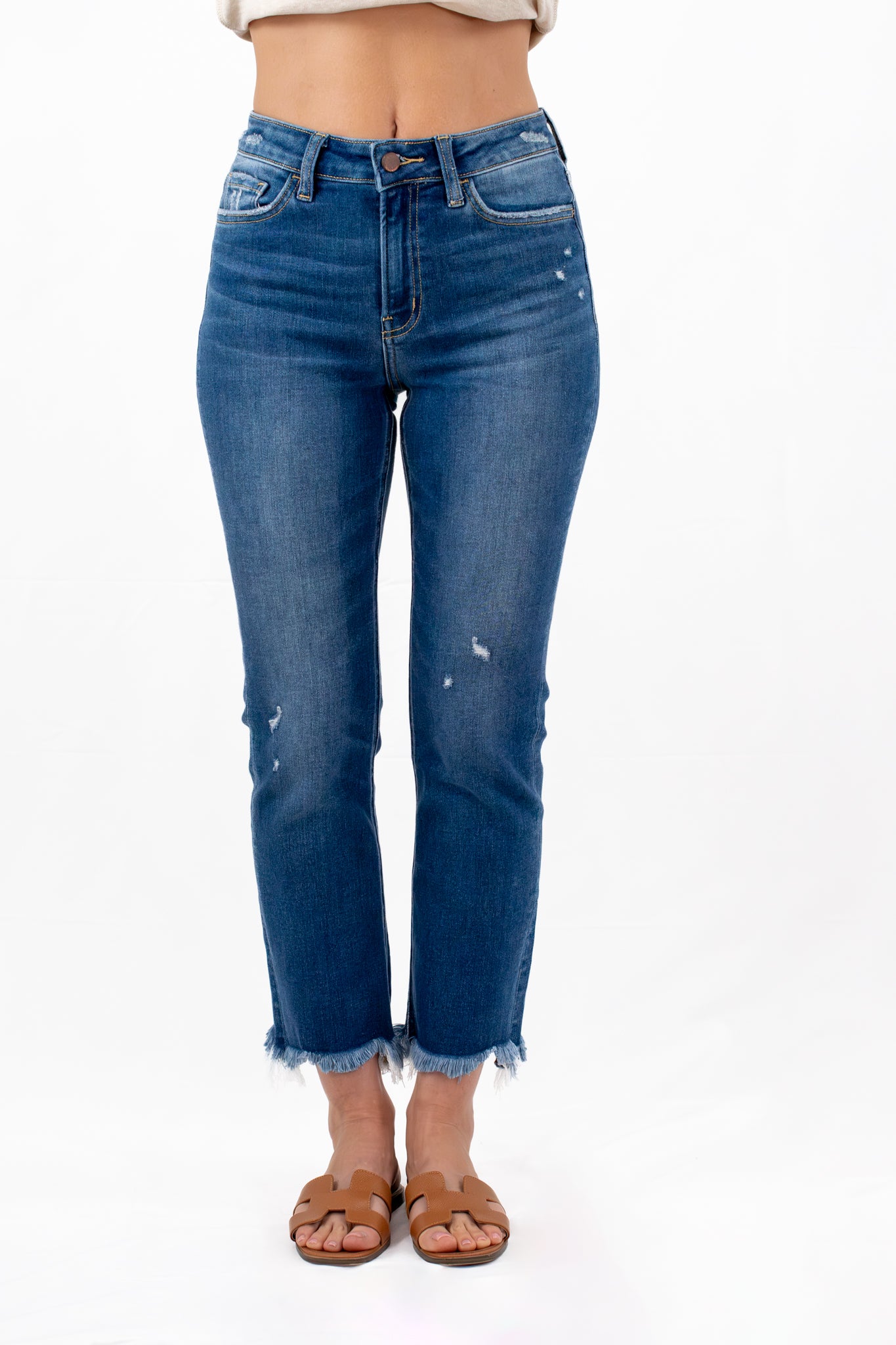 High Rise Slim Straight Jean with Raw Hem Detail