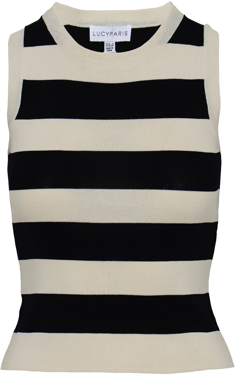 Classic black and cream striped sleeveless sweater vest with a crew neckline and cozy knit fabric, perfect for stylish layering or as a standalone top, on a white background.