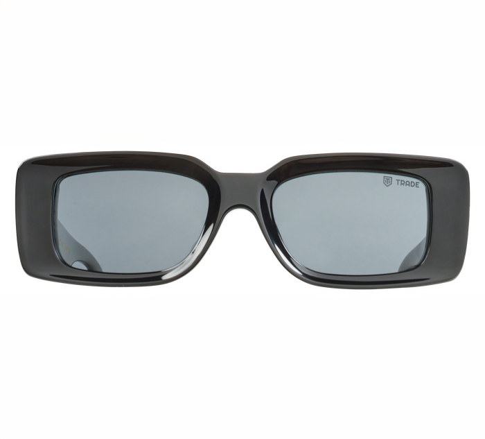 Front profile of black rectangular sunglasses featuring wide frames and dark-tinted lenses, emphasizing a modern and bold aesthetic.