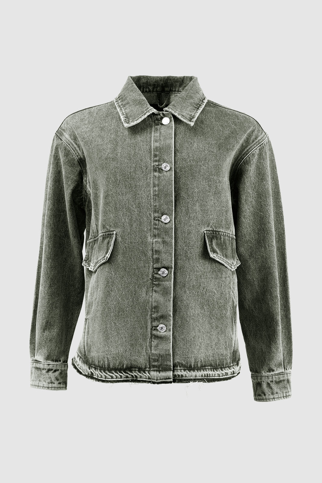 Front view of a green denim jacket featuring button closure, flap pockets, and a relaxed fit, ideal for casual layering.