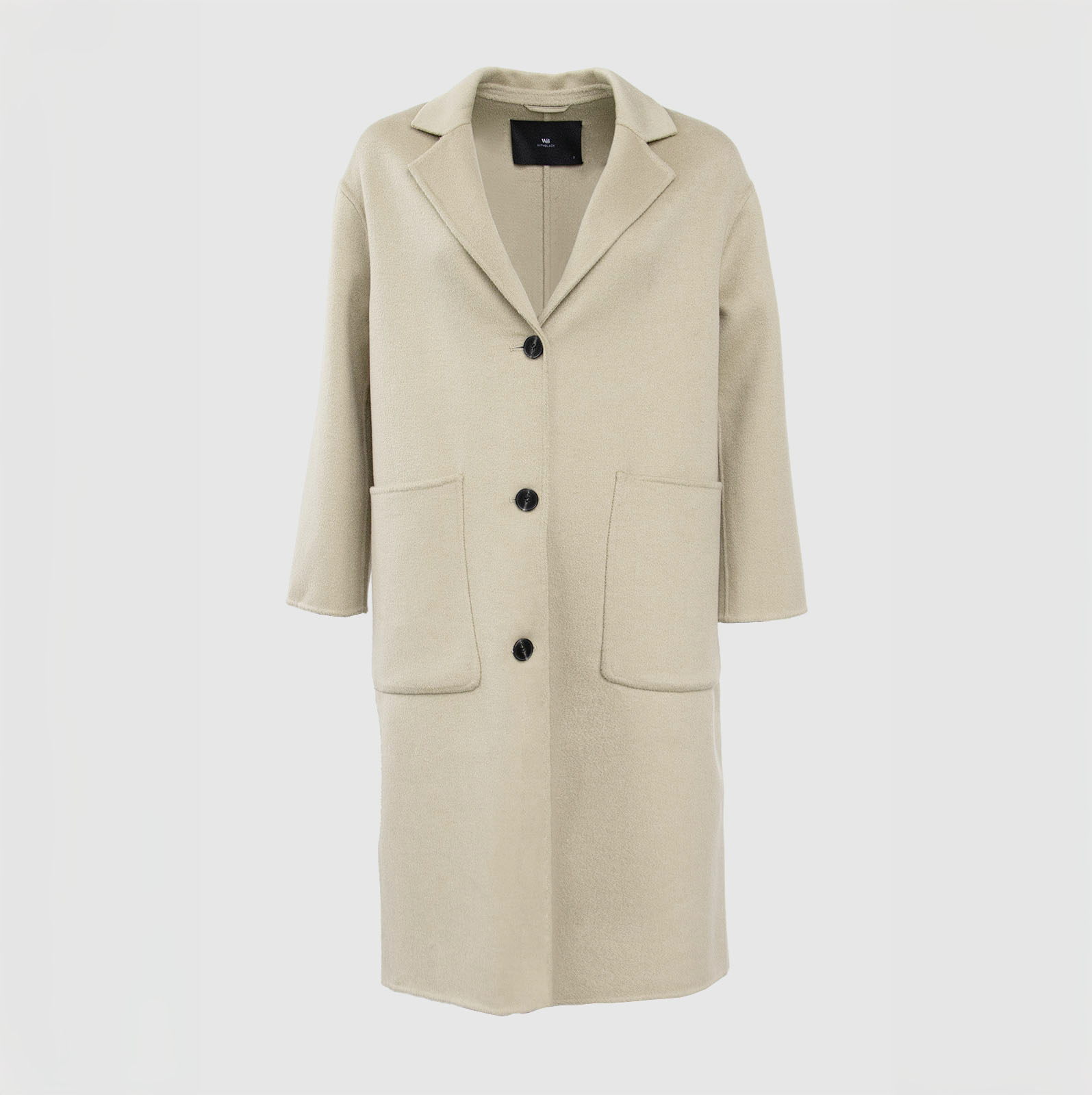 Flat-lay image of a cream wool coat featuring a lapel collar, large front pockets, and black buttons, displayed on a white background.