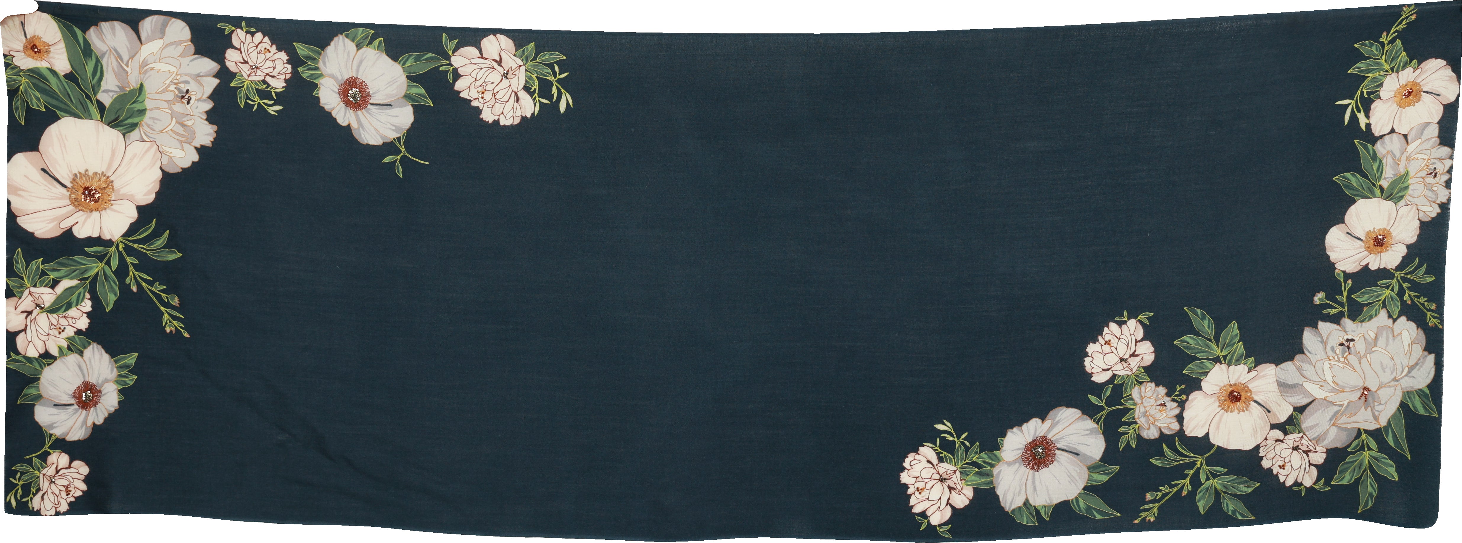 Full view of a navy blue wool and cashmere shawl with a floral pattern in pastel colors, elegantly arranged along the edges, showcasing a sophisticated accessory ideal for cool weather.