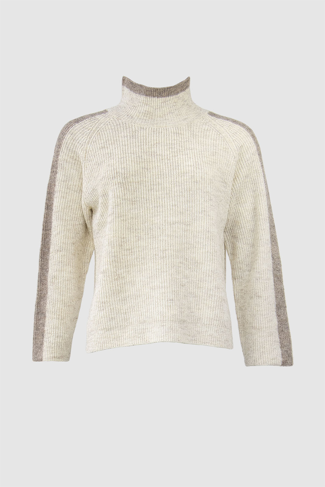 Close-up of a cream ribbed sweater with taupe stripe details on the sleeves and a high neckline, displayed on a white background.