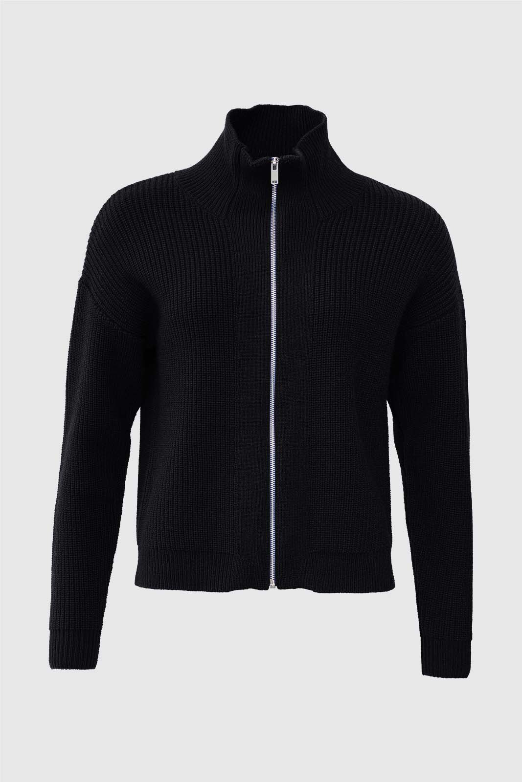 A close-up of a black ribbed zip cardigan featuring a high collar and detailed texture, highlighting the versatile and contemporary design ideal for casual chic styling.