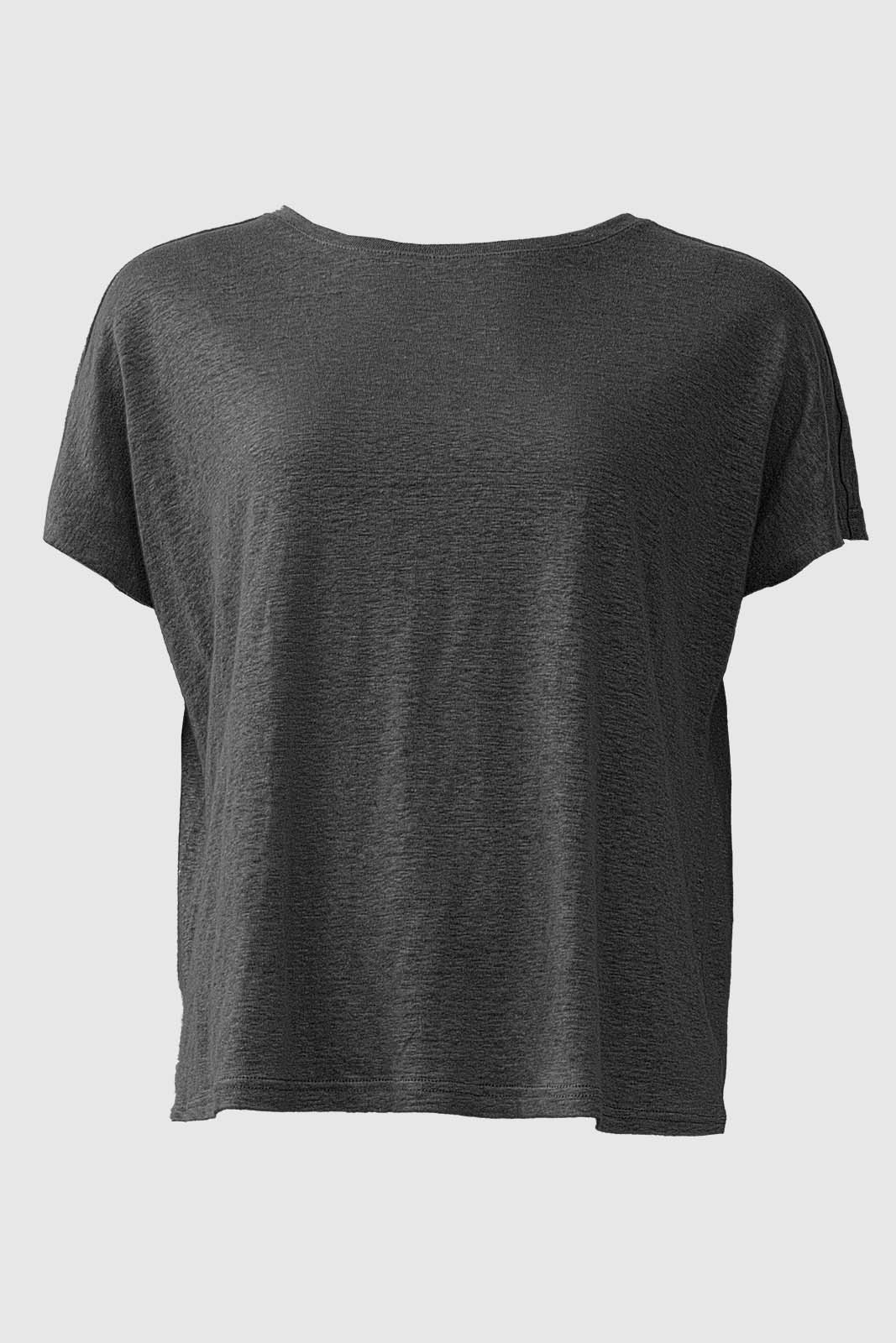 A short-sleeve linen tee in a dark Phantom shade with a relaxed fit and subtle heathered texture, featuring a wide round neckline for a comfortable and stylish casual look.