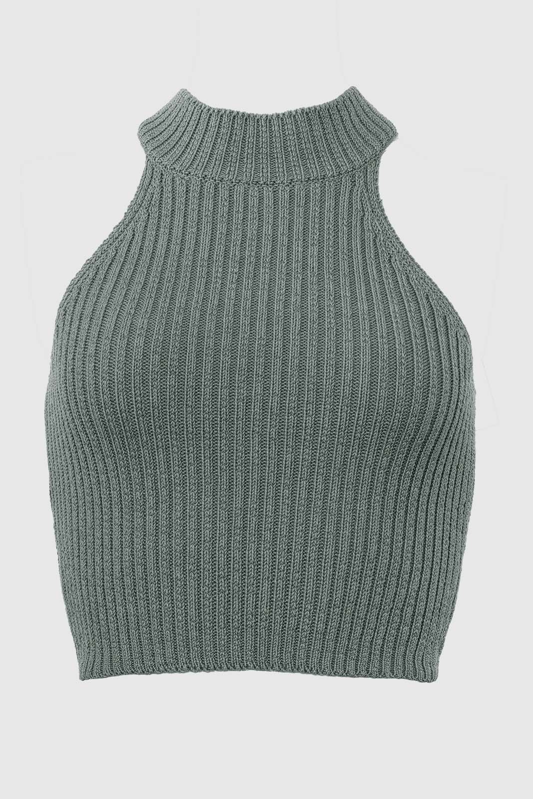 Two images showcasing ribbed halterneck sleeveless knit tops; one in sage green with a high neckline for a sleek look, and another in a warm bronze mélange for a touch of elegance.